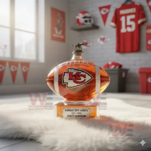 A football shaped bottle with a rider topper positioned on a white rug in a Kansas City Chiefs themed room!