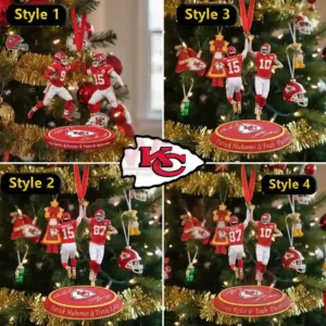 A set of four Kansas City Chiefs Christmas ornaments with players JuJu Smith-Schuster, Patrick Mahomes, Travis Kelce, and Isiah Pacheco celebrating with high fives and festive decorations.