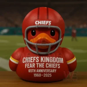 A Kansas City Chiefs themed rubber duck figure in a football uniform with anniversary text displayed on a field background.