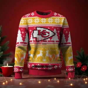 Red and yellow Christmas sweater with the Chiefs logo on the front and festive patterns of reindeer and snowflakes!