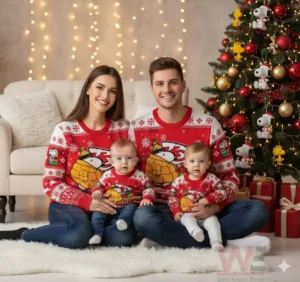 Alt text: Family of four wearing red Kansas City Chiefs Christmas sweaters with Snoopy designs, sitting by a decorated Christmas tree.