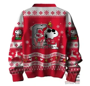 Kansas City Chiefs Premium NFL Peanuts Snoopy Ugly Sweater 5 Alt text: A red Kansas City Chiefs Christmas sweater with Snoopy in sunglasses, snowflakes, and festive designs.