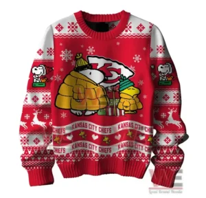 Kansas City Chiefs Premium NFL Peanuts Snoopy Ugly Sweater 6 Alt text: A Christmas sweater with Snoopy and Woodstock in winter clothes, the Kansas City Chiefs logo, and holiday decorations.