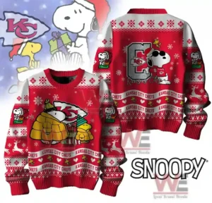 Kansas City Chiefs Premium NFL Peanuts Snoopy Ugly Sweater 7 Alt text: A detailed view of a red Christmas sweater with Snoopy and Woodstock, the Kansas City Chiefs logo, and holiday motifs.
