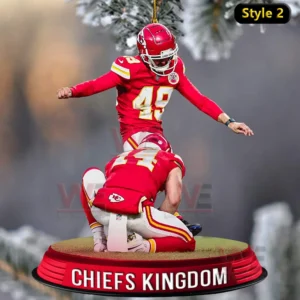 Kansas City Chiefs Victory Team Ornament 6 A football kicker and holder on a red base labeled Chiefs Kingdom!