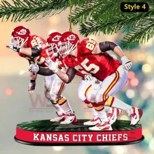 Kansas City Chiefs Victory Team Ornament 8 Three football linemen in red uniforms rushing on a green base labeled Kansas City Chiefs!