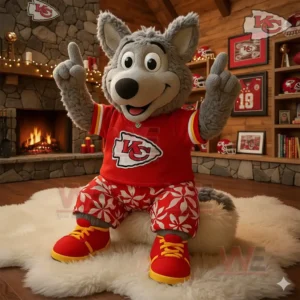 Kansas City Chiefs plush wolf mascot wearing a red jersey sitting on a rug in front of a fireplace.
