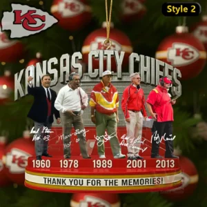 Kansas City Legends Christmas Ornament 6 A Christmas ornament featuring five Kansas City Chiefs coaches displayed on a timeline themed base with festive elements in the background!