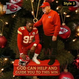 Kansas City Legends Christmas Ornament 7 A Christmas ornament featuring a Chiefs player and coach in a moment of prayer positioned on a themed base with festive tree decor!