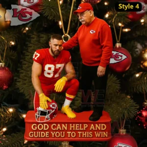 Kansas City Legends Christmas Ornament 8 A Christmas ornament showing a Chiefs player and coach in a prayerful pose set against a background of festive tree ornaments!
