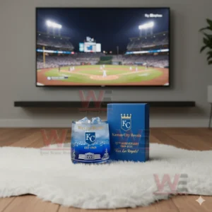 Kansas City Royals whiskey glass with blue drink and ice, sitting on a rug while a baseball game plays on the TV in the background.