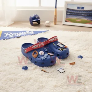 Kansas City Royals Crocs Crocband Clogs With Charms 6 Kansas City Royals-themed Crocs displayed with baseball accessories and charms.