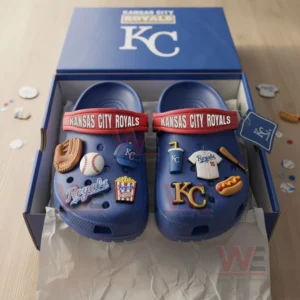 Kansas City Royals Crocs Crocband Clogs With Charms 8 Kansas City Royals Crocs inside a blue box with baseball-themed charms and accessories.