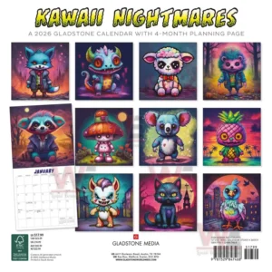 A multiframe design featuring adorable but creepy characters set above a sample monthly calendar!