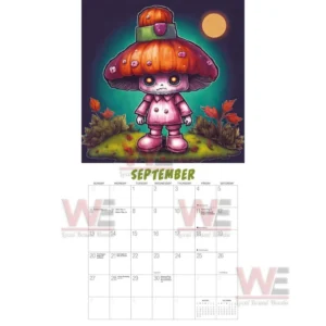 A bright illustration of a mushroom themed character positioned over a calendar grid for the ninth month!