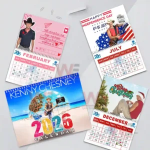 Kenny Chesney 2026 Wall Calendar 15 Alt text: Collage of four Kenny Chesney calendar pages from different months, including February, July, 2026 cover, and December.