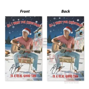 Kenny Chesney Christmas Garden Flag 7 Alt text: Front and back views of a garden flag showing Kenny Chesney in a Santa hat, holding a guitar, with the Christmas text.