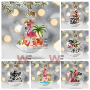 A set of clear globe ornaments containing tropical and country themed scenes arranged in a snowy festive setting!