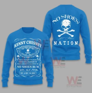 Kenny Chesny No Shoes Nation No Shoes Rum Shirt and Hoodie 7 Blue sweater with detailed front print and large skull design on the back!