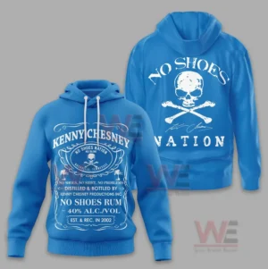 Kenny Chesny No Shoes Nation No Shoes Rum Shirt and Hoodie 8 Blue hoodie with detailed front typography and bold skull graphic on the back!
