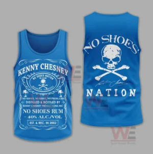 Kenny Chesny No Shoes Nation No Shoes Rum Shirt and Hoodie 9 Blue tank top with intricate front print and striking skull design on the back!