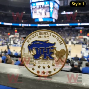 Kentucky Wildcats 144th anniversary coin with UK logo wildcat emblem university building background and gold rim.