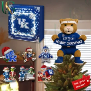 Kentucky Wildcats 2025 Christmas gift box with mascot tree topper and festive ornaments in team colors!