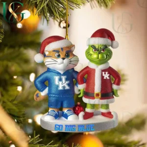 Kentucky Wildcats mascot and Grinch ornament with Go Big Blue base hanging on Christmas tree!