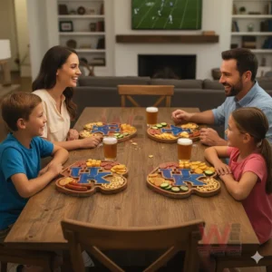 A family shares snacks from wooden platters with a blue UK design while a sports game plays on a television in the background!