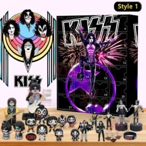 KISS advent calendar style 1 with purple design and miniature band figures and accessories.
