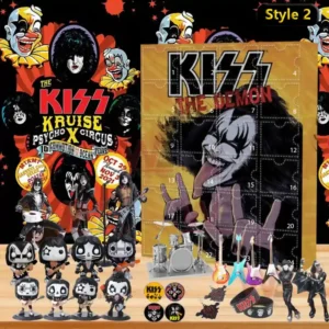 KISS The Demon advent calendar with fiery orange design and miniature band collectibles.