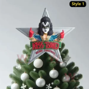 KISS band themed Christmas tree topper shaped like a star with rock musician design.