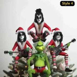 Kiss Band Christmas Tree Topper 6 KISS band member in Santa outfit playing guitar on top of Christmas tree.