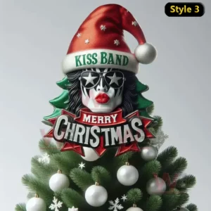 Kiss Band Christmas Tree Topper 8 KISS band Santa figures with the Grinch arranged on top of a Christmas tree.