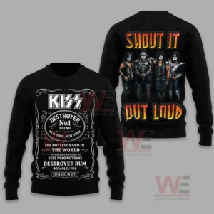 Black sweater with ornate front artwork and vibrant group image on the back!