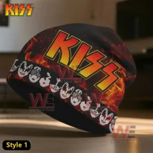 Black beanie with a fiery Kiss logo and pixel style character faces on the brim!