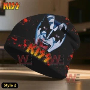 Black beanie with a large face graphic and a bright Kiss logo on the front!