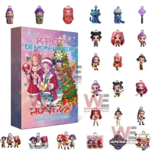 A Kpop demon hunter advent calendar box surrounded by many small animated character figures in various colorful outfits!