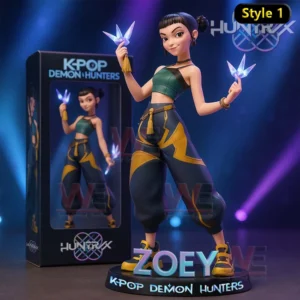 KPOP Demon Hunters Zoey figure with glowing shurikens and detailed costume design.