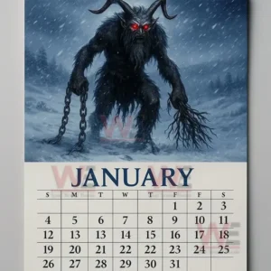 Krampus 2026 Wall Calendar 4 Horned creature in a snowstorm holding chains and twigs above a January calendar!