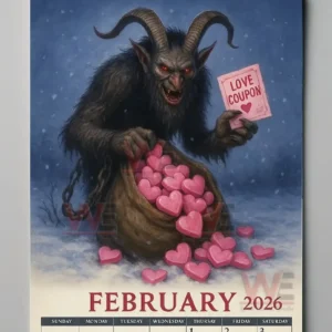 Krampus 2026 Wall Calendar 5 Horned creature holding a coupon and spilling pink hearts above a February calendar!