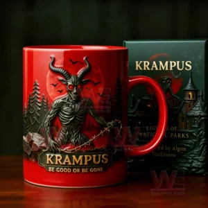 Red mug with a horned creature in front of a red moon and a matching box behind it.