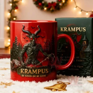 Krampus Ceramic Mug 6 Red mug with a horned creature set in a festive holiday room.