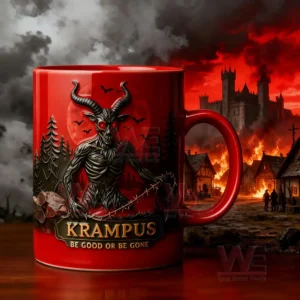 Krampus Ceramic Mug 7 Red mug with horned creature in front of a burning village scene.