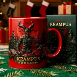 Krampus Ceramic Mug 8 Red mug with a horned creature in a cozy holiday room.