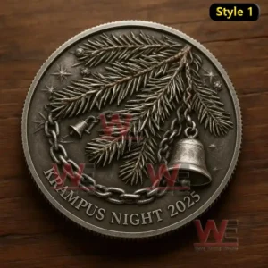 Metal coin with pine branches chain and bell design labeled Krampus Night 2025!