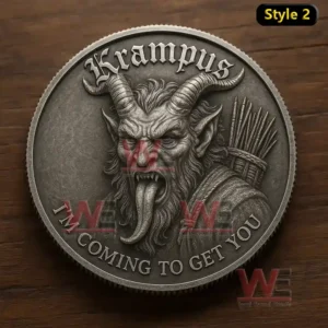 Krampus Horror Challenge Coin 3 Metal coin featuring an engraved Krampus face with horns and extended tongue!