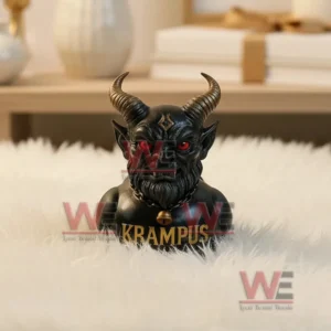 A miniature Krampus statue featuring dark horns glowing red eyes and gold lettering displayed on a soft white background representing the mythical Christmas creature.