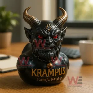 Krampus I came for Naughty Rubber Duck 6 A black Krampus sculpture with red eyes and gold lettering captured indoors symbolizing the folklore character known for punishing the naughty.