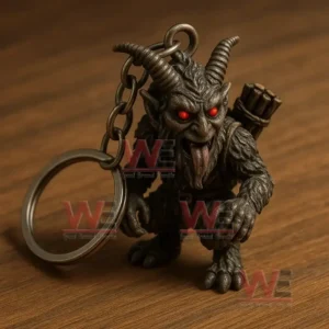 Krampus figure keychain with red eyes standing on a wooden surface!